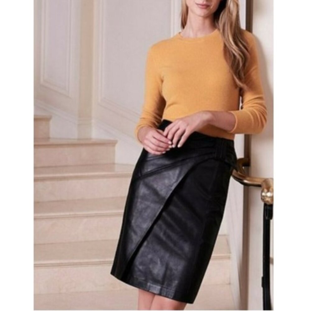 NWT Antonio Melani Soft Black Leather Faux Wrap Skirt w Tie Accent - Size M